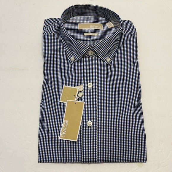 NWT Michael Kors Classic Fit Non Iron 15.5  34/35 Button Shirt Blue Check - Picture 2 of 7
